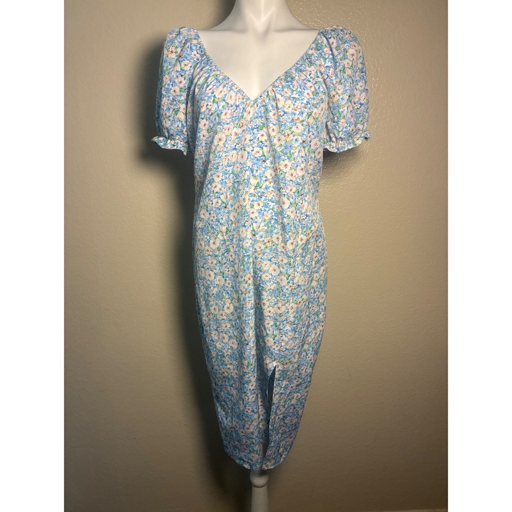 Shein Curve Floral Midi Dress Blue White Puff Sleeve V-Neck Slit 0XL Plus Size